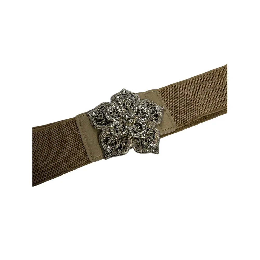 Rhinestone Floral Stretch Waist Belt Y2K Boho Glam‎ Beige 40